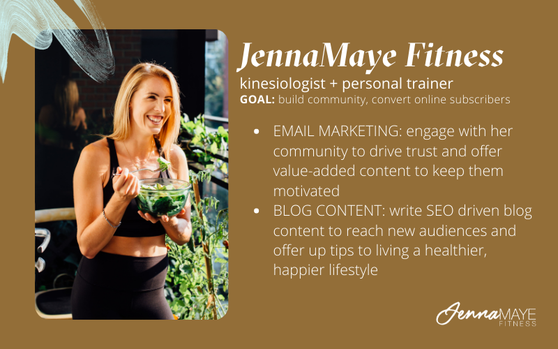 Broad world content strategy for JennaMaye Fitness in Vancouver